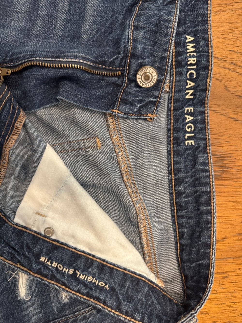 American Eagle Tomgirl Shortie Distressed Dark Blue Denim Jean Shorts - Picture 2 of 6